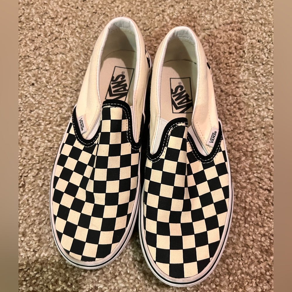 Vans Black and Cream Checkerboard Platform Slip-Ons